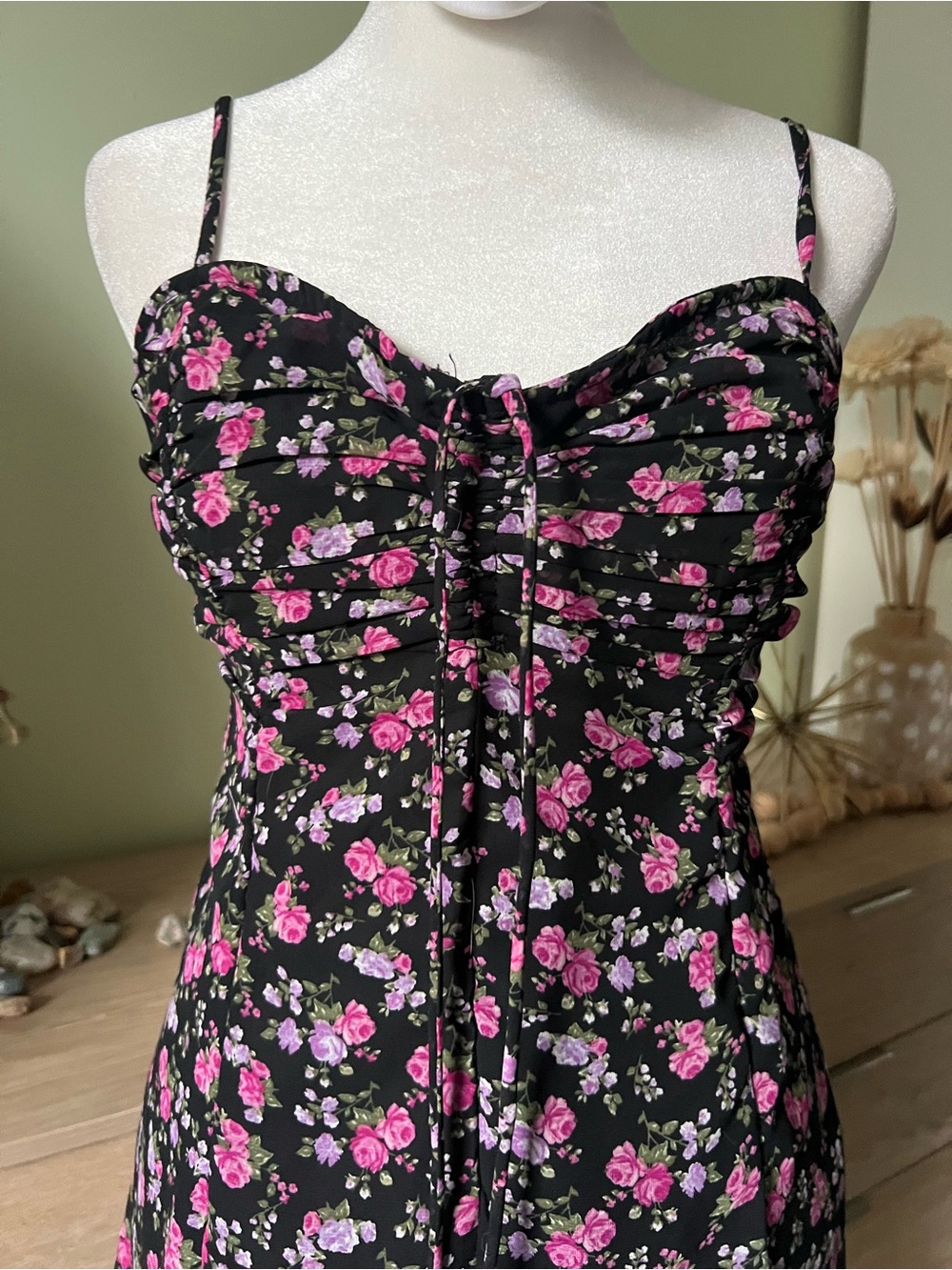 Black Floral Spaghetti Strap Bustier Corset Ruched Mini A-Line Flutter Dress L